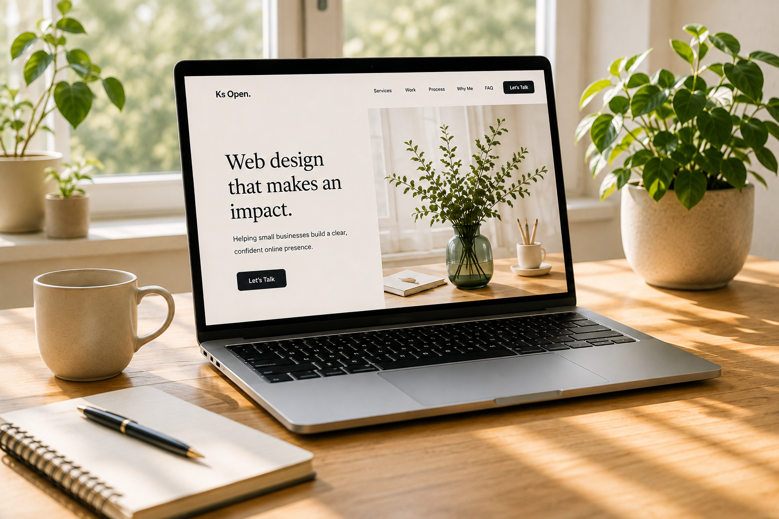 Laptop displaying a responsive website design in a creative workspace